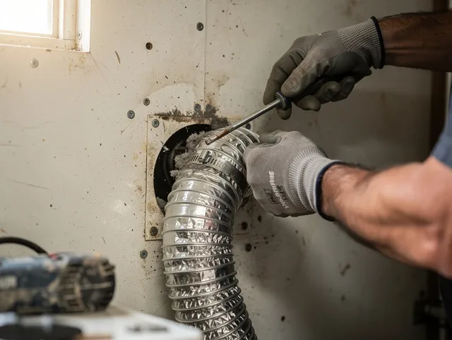 Sierra Madre Dryer Vent Cleaning technician performing precise dryer vent hose installation in Sierra Madre